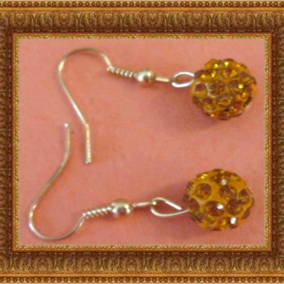 Gold Tone Dangle Earrings With Orange Ball Designs & Orange Crystals - Picture 1 of 1